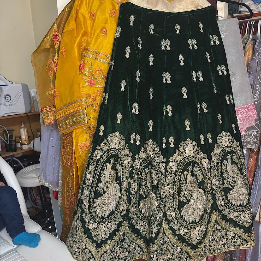 Formal velvet Bottle Green color Embroidered Lehanga/long skirt